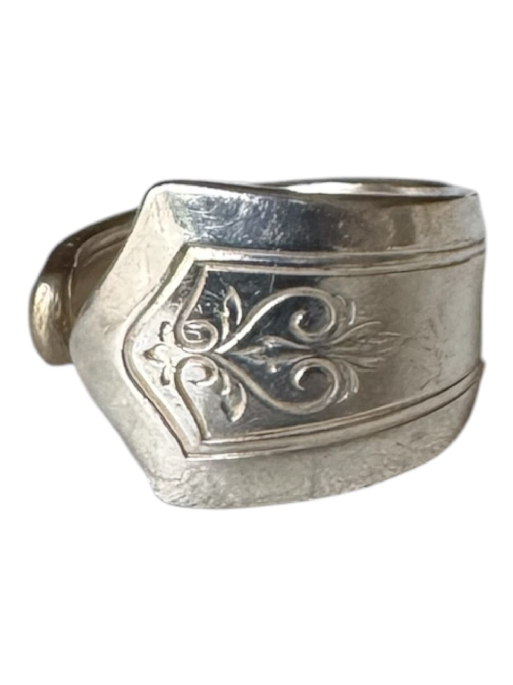 Sterling Silver Spoon Ring with Engraved Scroll Motif
